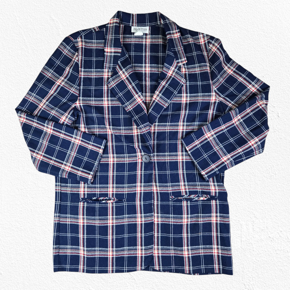 Y2K Navy Red Windowpane Tartan Plaid Boxy Oversized Blazer Jacket Size Medium - Picture 1 of 9